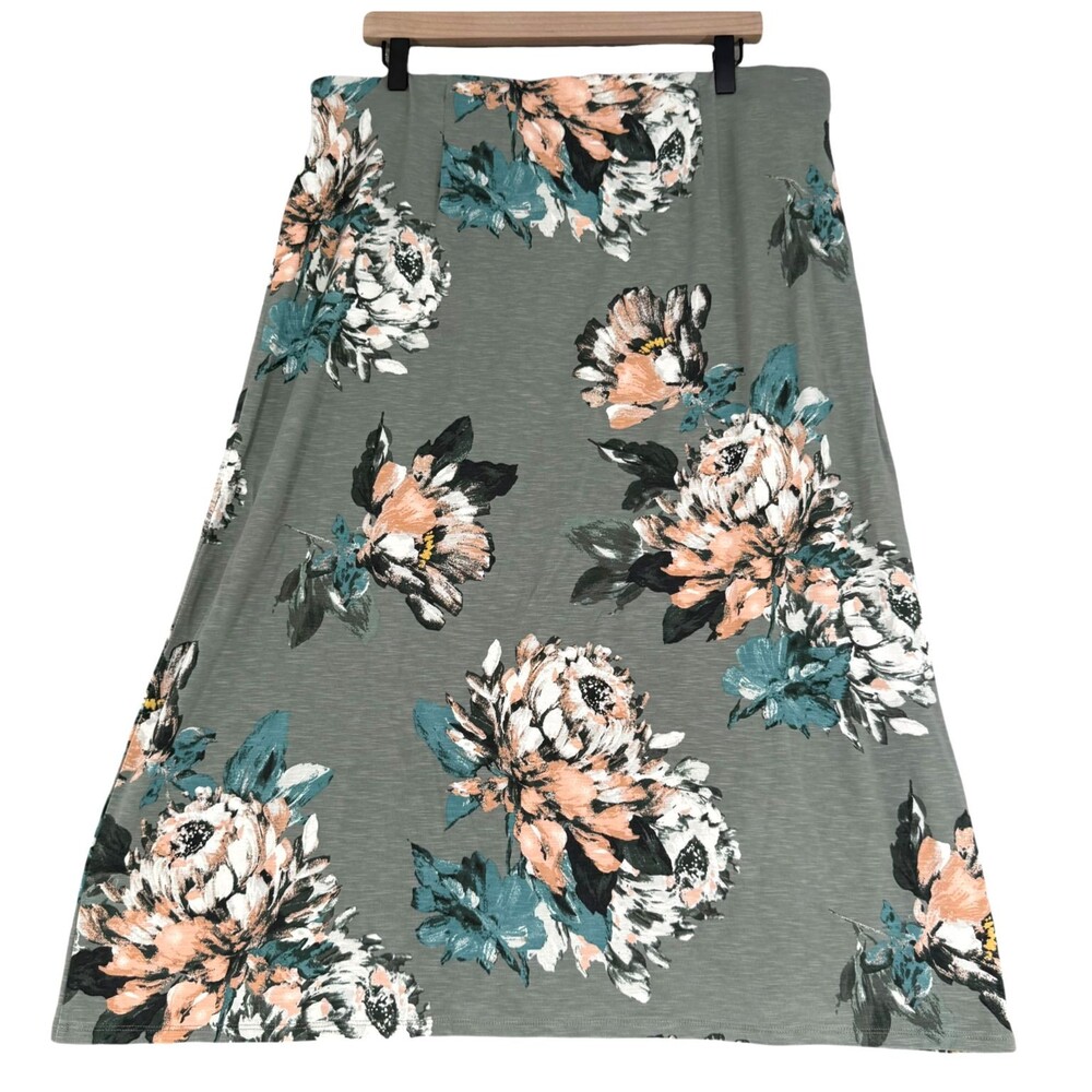 J Jill Maxi Skirt LP Green Floral A Line Pull On Stretch Waist Cottage Rose Boho - Picture 6 of 10